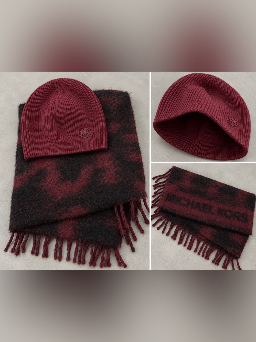 Michael Kors Logo Beanie and Scarf Set Burgundy & Black new no tags/ never worn